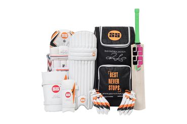Complete cricket gear set including bat, gloves, pads, and bag with Ravindra Jadeja's signature.
