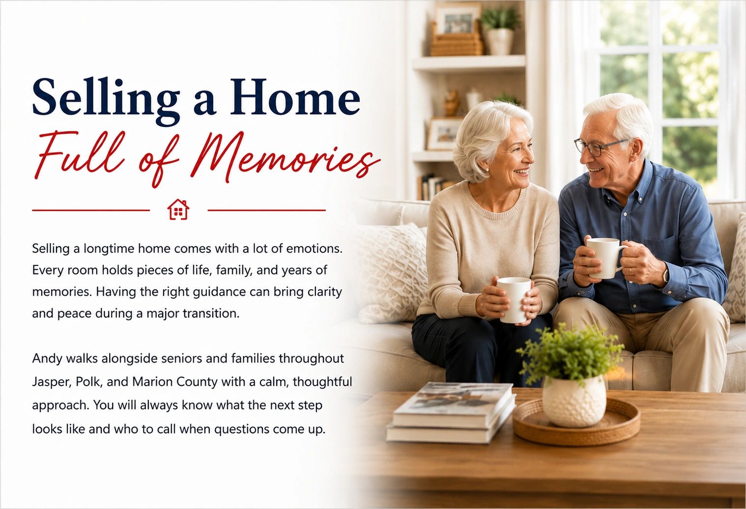 Elderly couple sharing a warm moment while discussing selling a home full of memories.