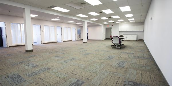 Spacious empty office with carpet and ceiling lights.
