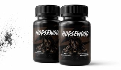 Two black bottles of Horsewood male enhancement capsules with a horse graphic.