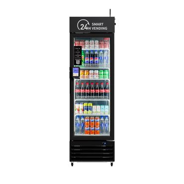 A smart 24-hour vending machine stocked with various soda and water bottles.