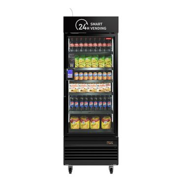 A smart vending machine stocked with drinks and snacks, available 24/7.