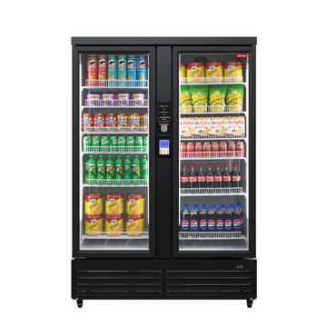 Double-door fridge stocked with chips, drinks, and snacks.