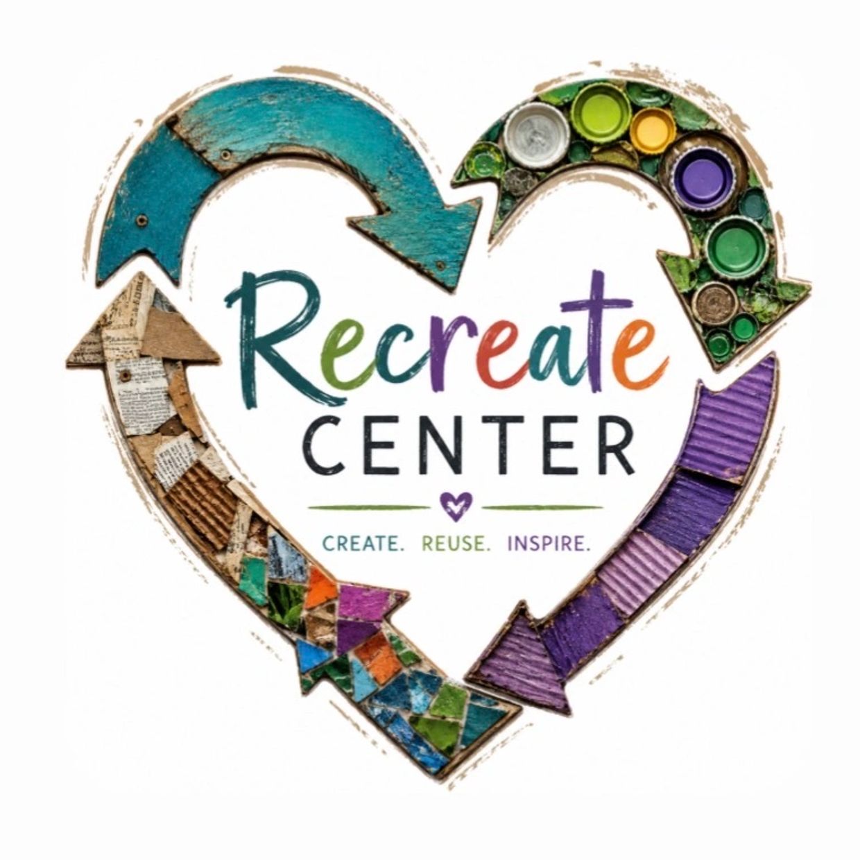 Logo of Recreate Center with colorful arrows forming a heart shape.
