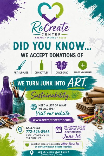 ReCreate Center accepts donations of art supplies, bottles, cardboard, and more to create sustainable art.