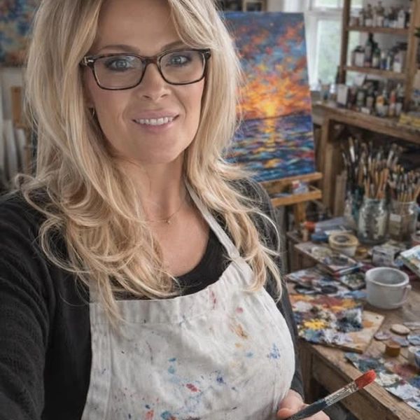 Smiling female artist in paint-stained apron holding a brush in a vibrant studio.