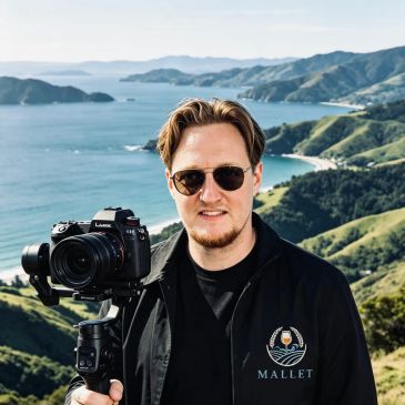 Man with sunglasses and camera by scenic coastal hills.