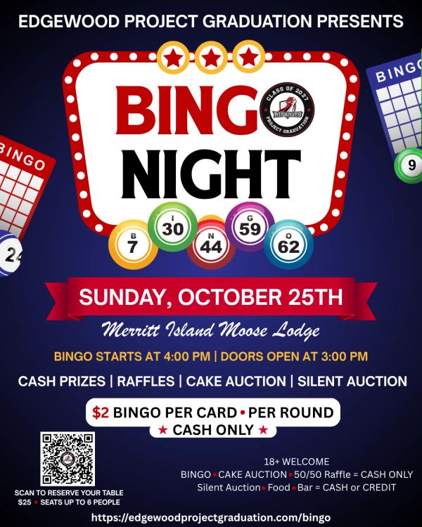 Flyer for Edgewood Project Graduation Bingo Night on October 25th.
