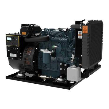 Industrial diesel generator with control panel and cooling system.