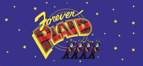 Logo of Forever Plaid with four singers and stars in the background.