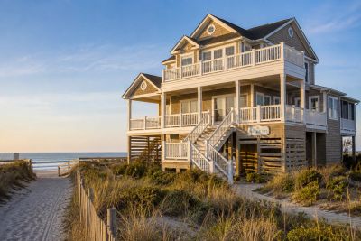 Beach house on stilts near the ocean shore.