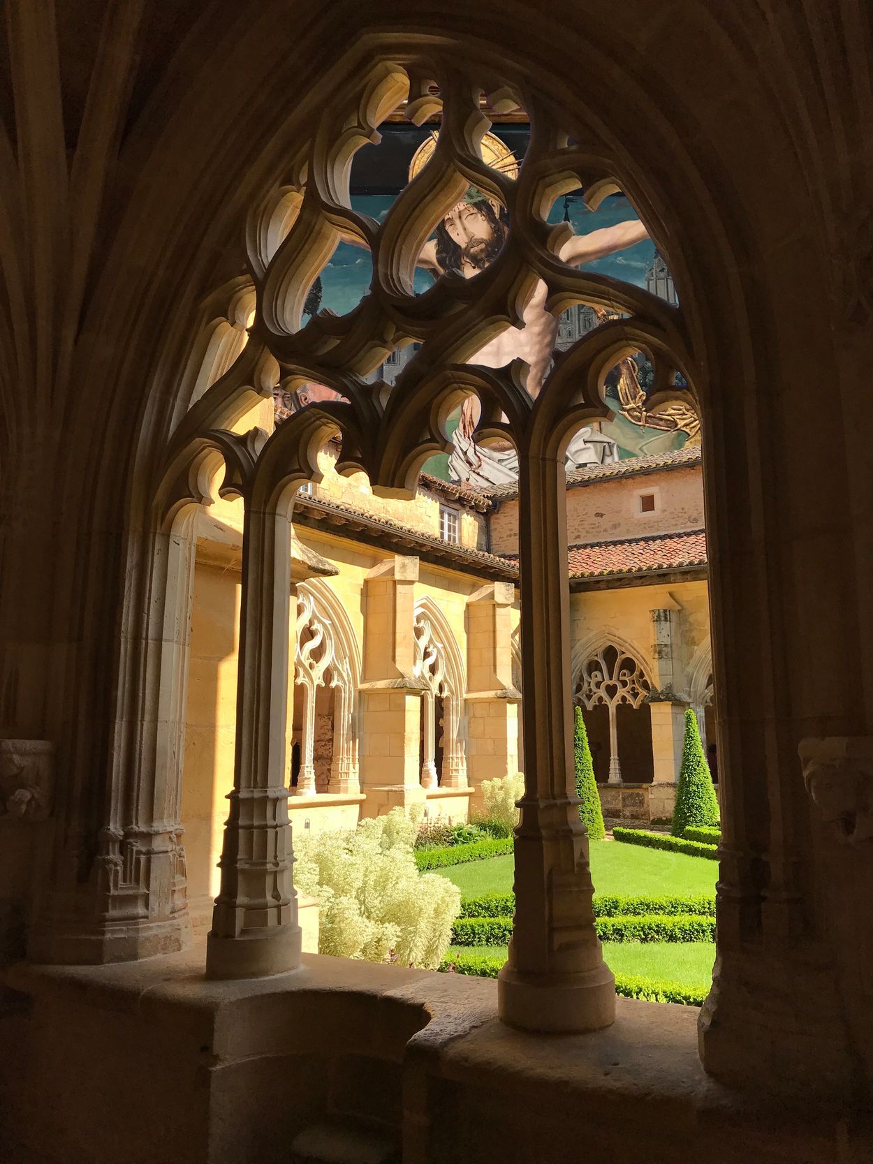 French Cloister with penetrating sky, Jesus on the cross, photomontage, Marvin Berk