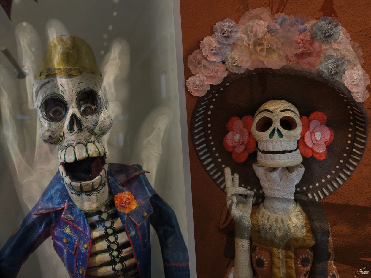 Photomontage of Mexican Catrina and Skeleton papier mache  asking for peace but overpowered by warfa