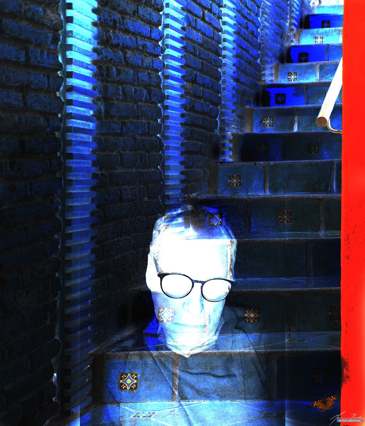 Marvin Berk, self portrait, photomontage dreams of blue steps in San Miguel de Allende.