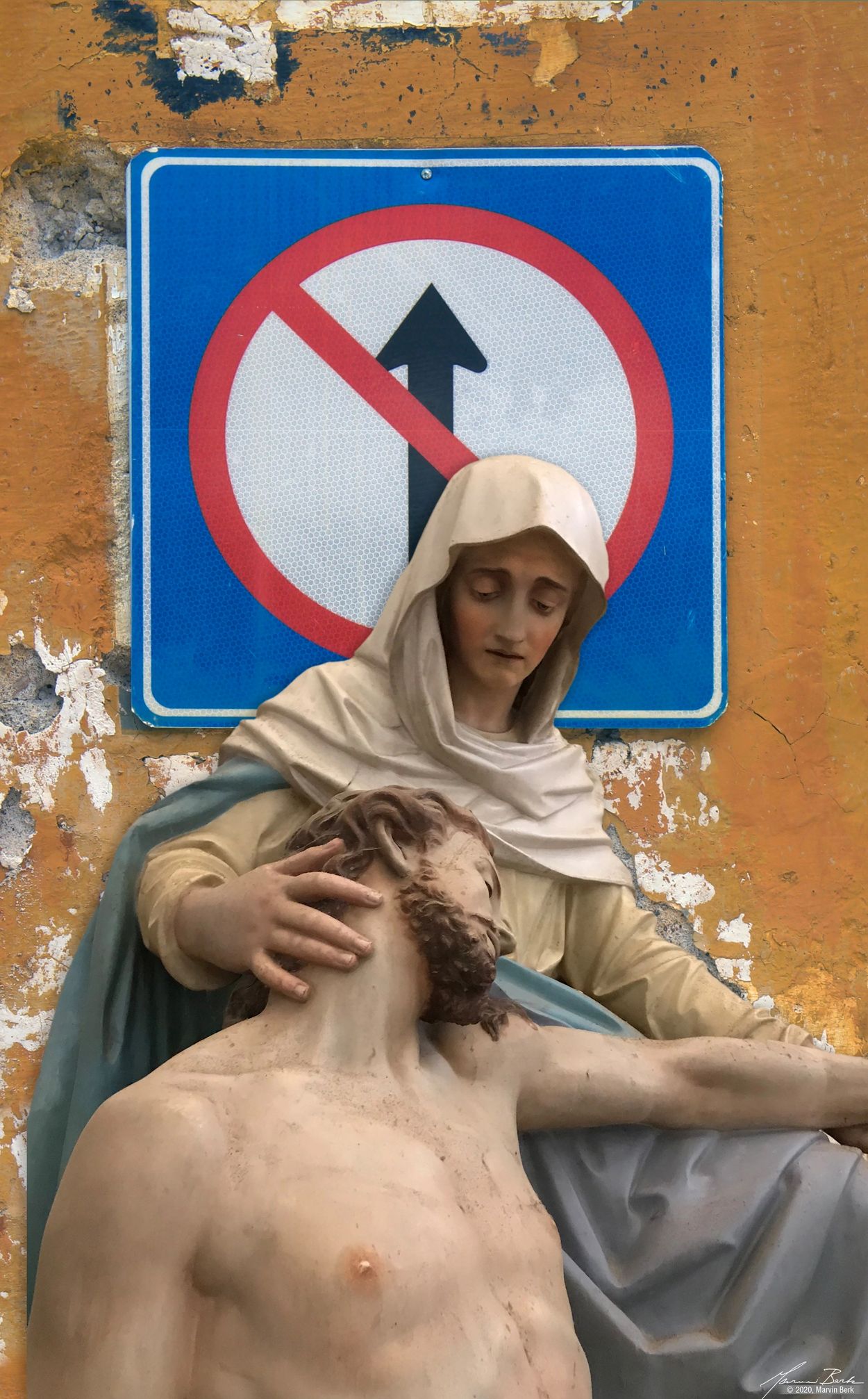 photomontage of Mary and Jesus, Marvin Berk, San Miguel wall and religious sculpture.