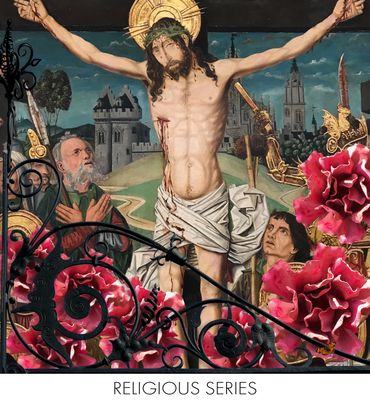 Photomontage of Jesus and followers surrounded by pink roses by Marvin Berk