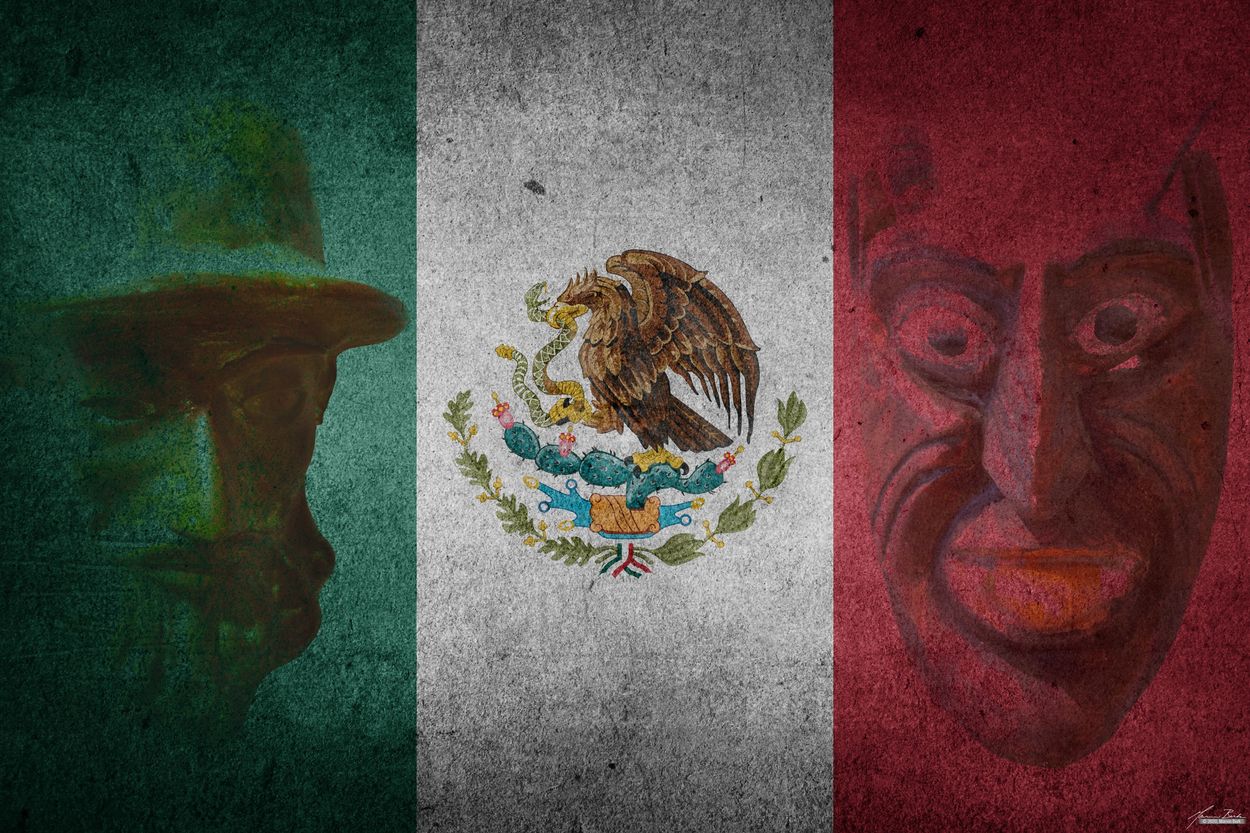Mexican Flag with Two Masks, Diablo and THE Spaniard. Photomontage by Marvin Berk