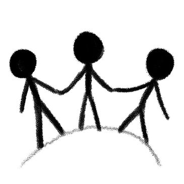 Three stick figures holding hands