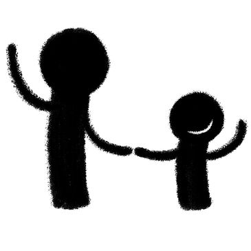 Sketch of tall figure standing next to small, smiling figure