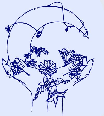 drawing of hands and a moon on it with flowers 