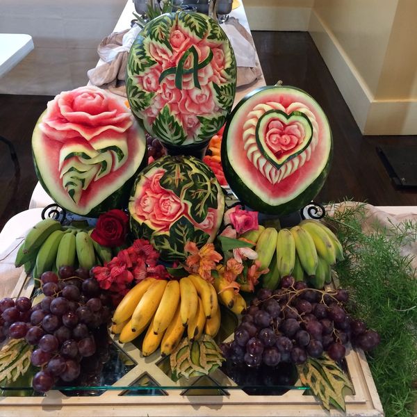Watermelon Carving Fruit Centerpiece for a wedding reception.