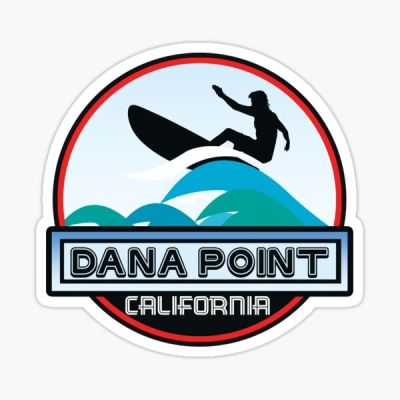Logo of Dana Point California with surfer on wave.