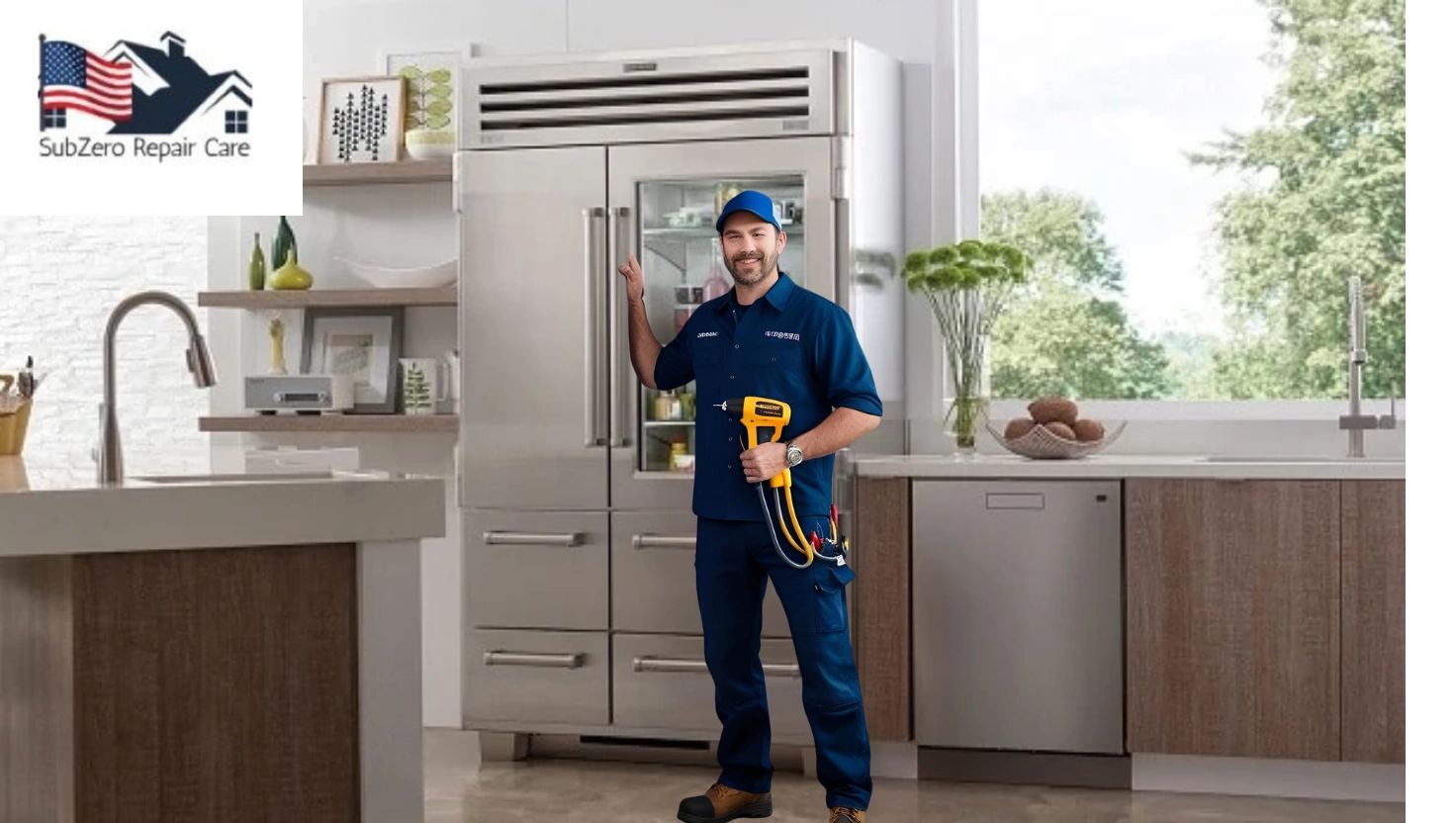 Technician repairing a SubZero refrigerator in a modern kitchen.