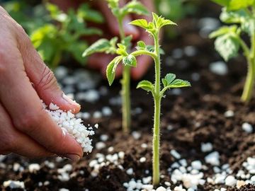 Hands applying fertilizer to young plants in soil.