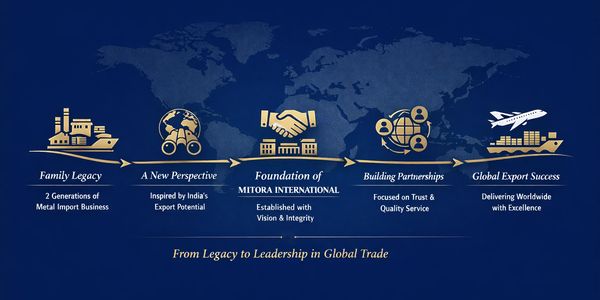 Timeline showing growth from a metal import family legacy to global export success.