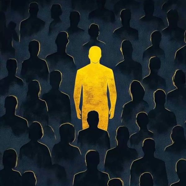 A single yellow figure stands out amid a crowd of dark silhouettes, symbolizing individuality.