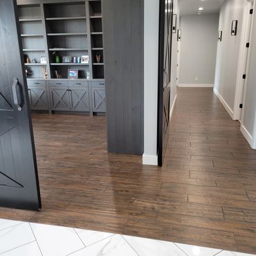 WOOD PLANK TILE IN OFFICE AND HALLWAY