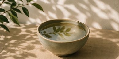 Bowl filled with water reflecting leaves and shadows.