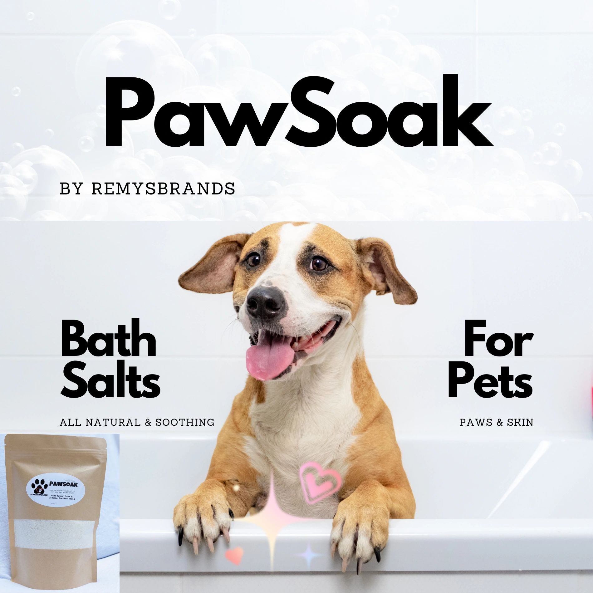 brown and white mixed breed dog in tub with paw soak for dogs bag PawSoak by RemysBrands.