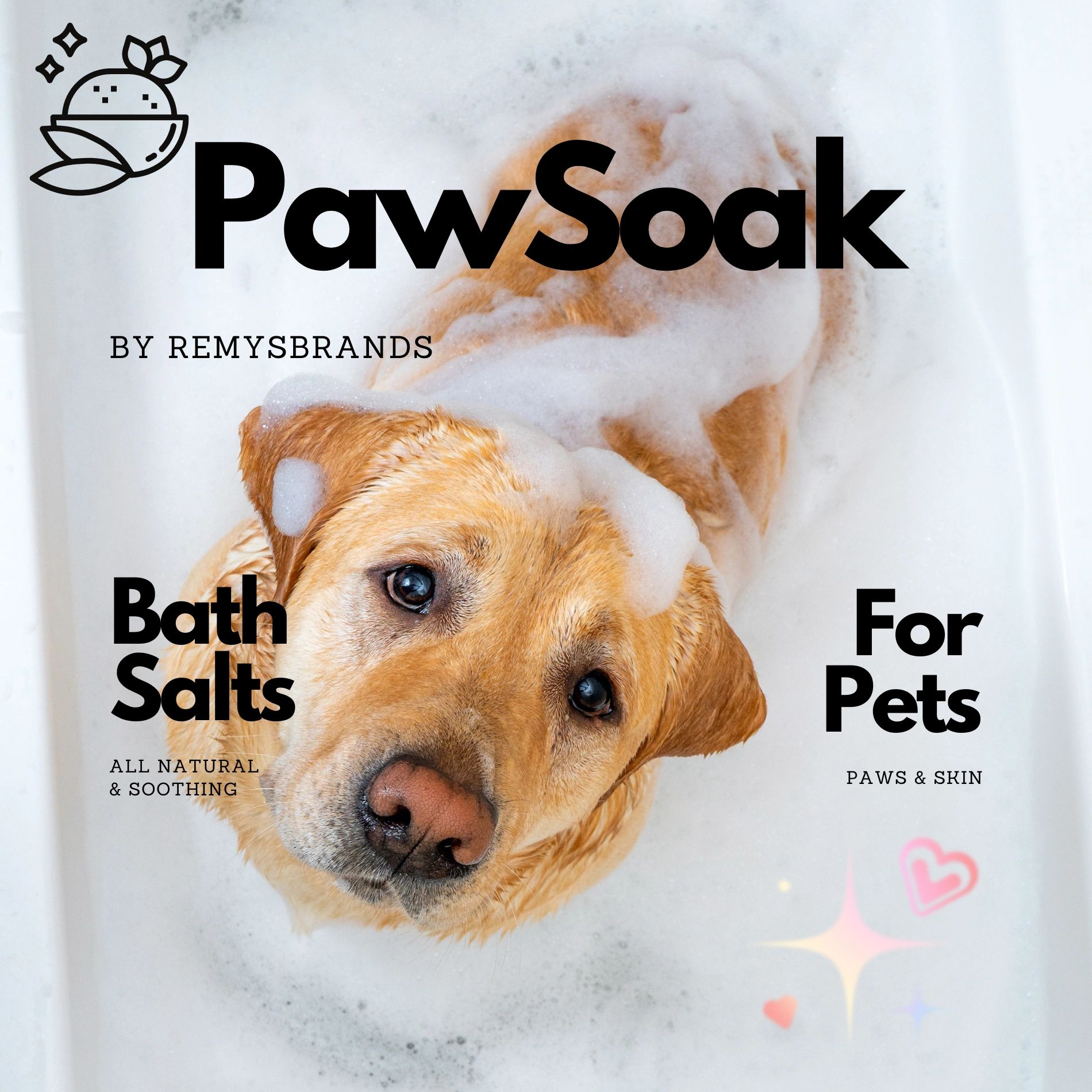 Yellow lab looking up from bubble bath Bath Salts for Pets by RemysBrands