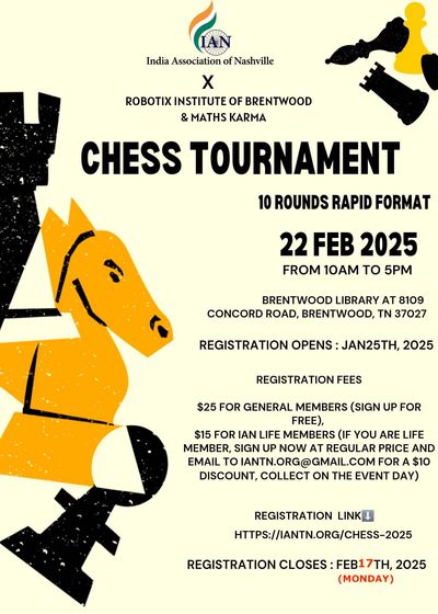 Chess tournament poster by India Association of Nashville on Feb 22, 2025.