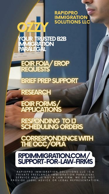 Business professional promoting immigration paralegal services for law firms.