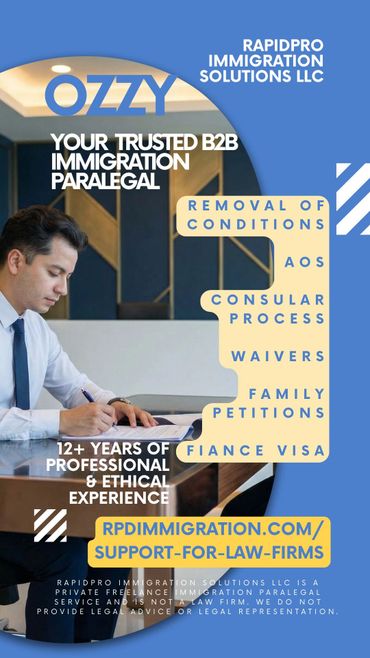 Trusted B2B immigration paralegal with 12+ years experience, offering removal of conditions, AOS, waivers, and more.