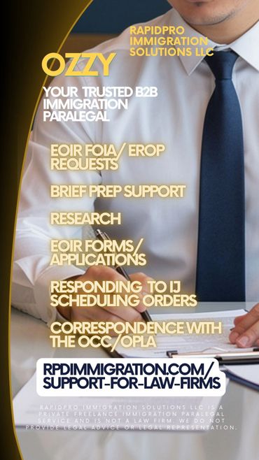 Business advertisement for Ozzy, a trusted B2B immigration paralegal service.