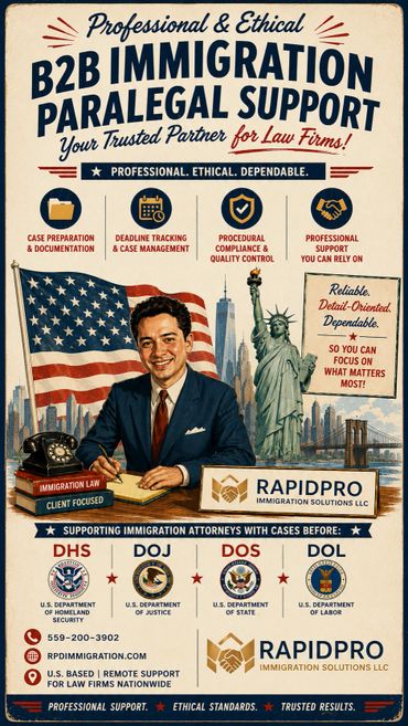 Advertisement for RapidPro providing professional B2B immigration paralegal support to law firms.