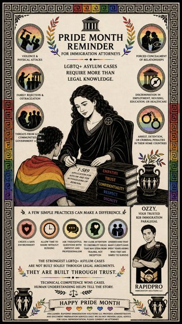 Illustration promoting trust and empathy in LGBTQ+ asylum cases for immigration attorneys during Pride Month.