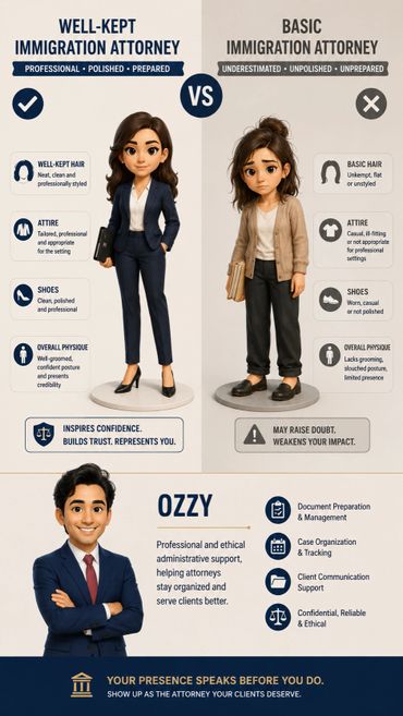 Comparison between a well-kept and a basic immigration attorney, highlighting professionalism vs. unpreparedness.