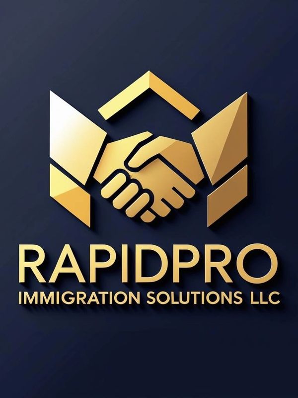 Golden handshake logo with RAPIDPRO Immigration Solutions LLC text on dark background.