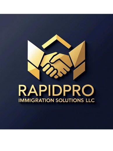 Gold handshake logo for RapidPro Immigration Solutions LLC on dark background.