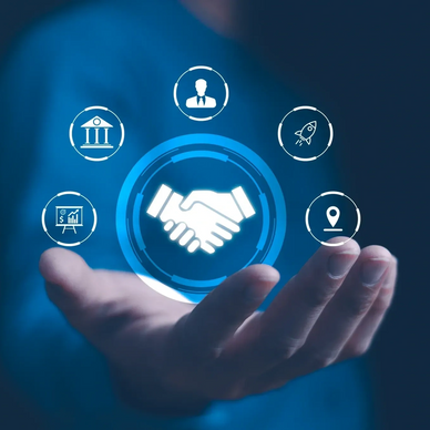 Business handshake icon surrounded by digital business-related symbols above an open hand.