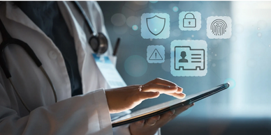 Doctor accessing secure medical data on a tablet.