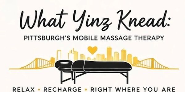 Logo for Pittsburgh's mobile massage therapy service with city skyline and bridge.