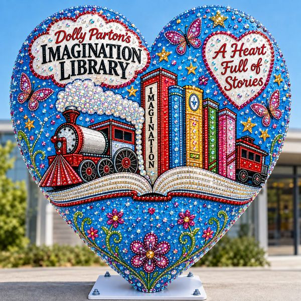 Decorative heart sculpture promoting Dolly Parton's Imagination Library.