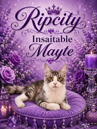 A cat named Mayte lies on a purple cushion surrounded by lavender decor.