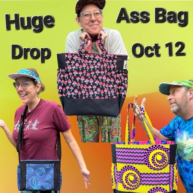 Yellow back, a guy holding a trippy bag, 1 female with a syf crossbody bag, top a big mushroom bag