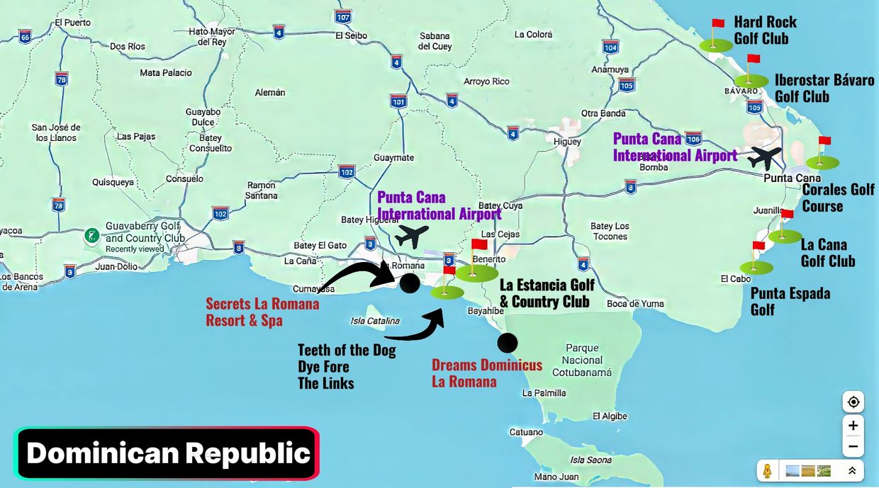 Dominican Republic golf and tourism map showing La Estancia Golf & Country Club near La Romana and Bayahíbe, Casa de Campo golf courses, Punta Cana International Airport and nearby Caribbean resorts.